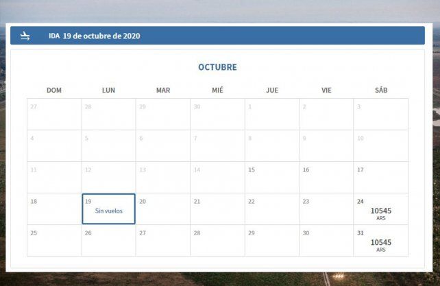 Vuelos programados de Aerolíneas Argentinas en su página Web. 15/10/20
