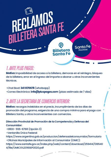 Los lugares para reclamar y denunciar problemas con la aplicación de Billetera Santa Fe.