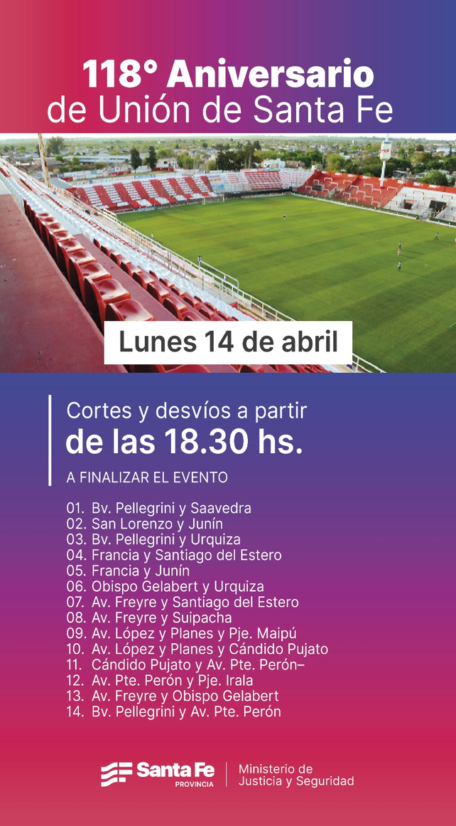 Los desvíos de tránsito por los festejos de Unión el lunes que viene.