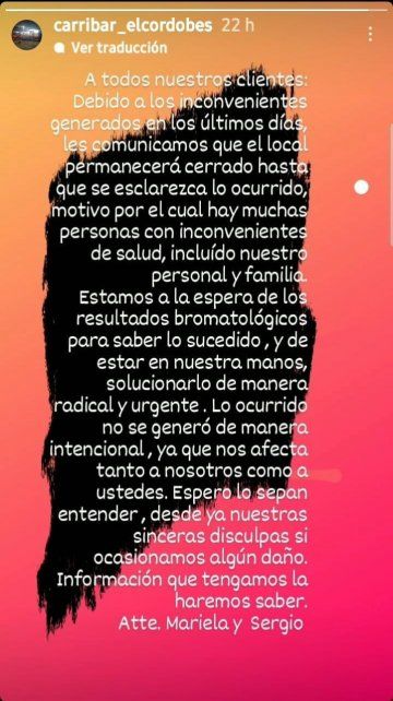 El mensaje del Carribar luego de la intoxicación masiva