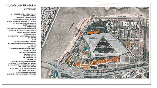 Plano general de la Ciudad Universitaria de la UNL. El punto 23 corresponde al proyecto de construcción del Aulario.