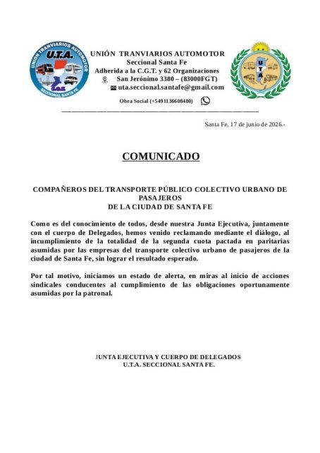 El comunicado emitido por UTA El comunicado emitido por UTA