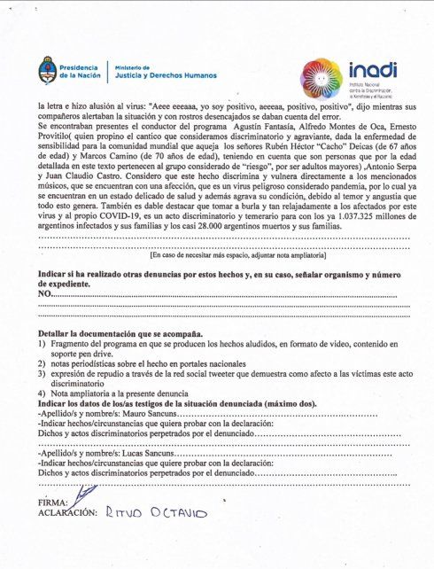 La denuncia completa presentada en el Inadi por Octavio Ritvo.