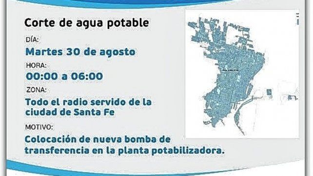 ASSA. Por tareas de mantenimiento estará afectado el suministro de agua potable en la ciudad. 