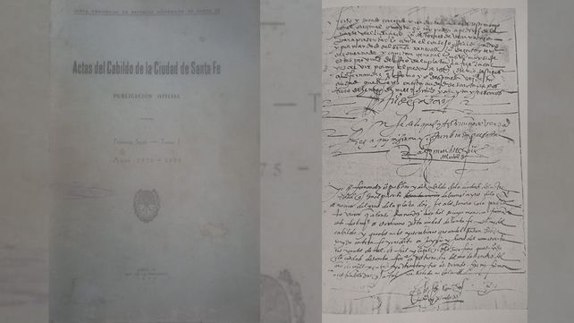 A l izquierda: portada de uno de los tomos de la Actas del Cabildo. A la derecha: una fotografía del acta de fundación que se encuentra en los tomos.   