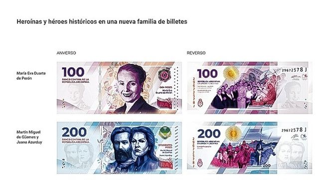 Billete de $100 con Eva Duarte de Per&oacute;n, billete de $200 con Mart&iacute;n Miguel de G&uuml;emes y Juana Azurduy.