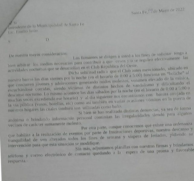 La nota presentada por los vecinos pidiendo por los ruidos molestos