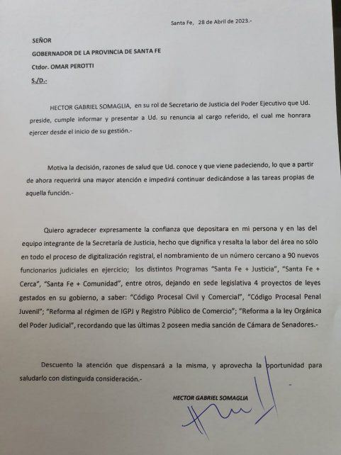 La carta presentada por Gabriel Somaglia.
