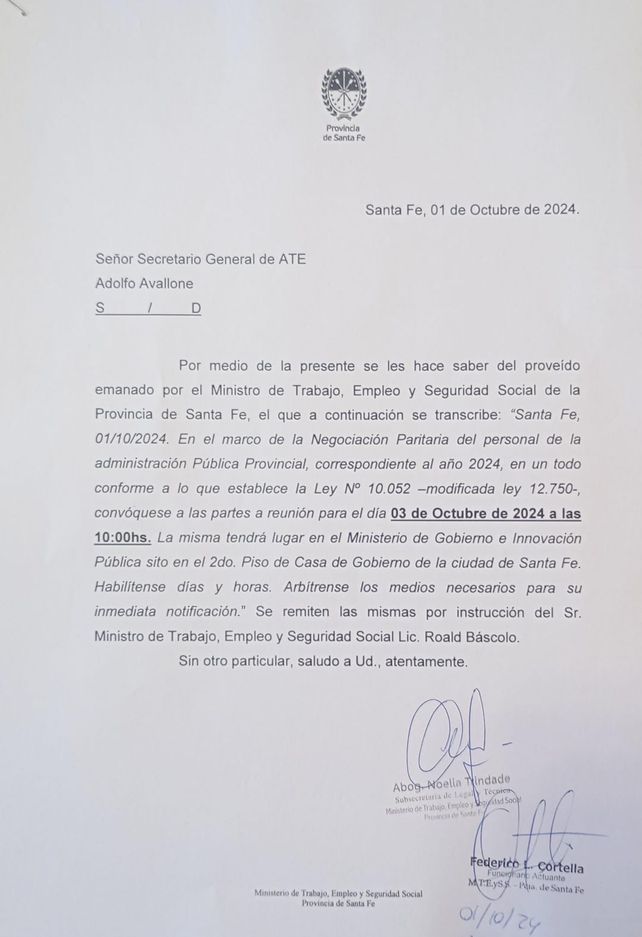 Convocatoria a paritaria central del gobierno de Santa Fe