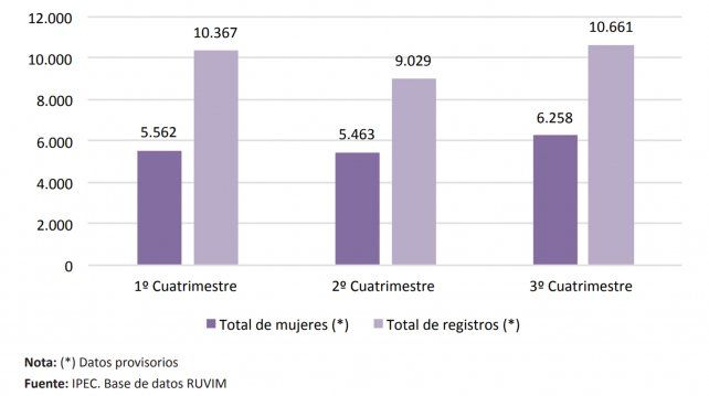 Total de mujeres en situación de violencia de género y total de registros de violencia de género, informados al IPEC. Provincia de Santa Fe. Primer cuatrimestre de 2019 a tercer cuatrimestre de 2019
