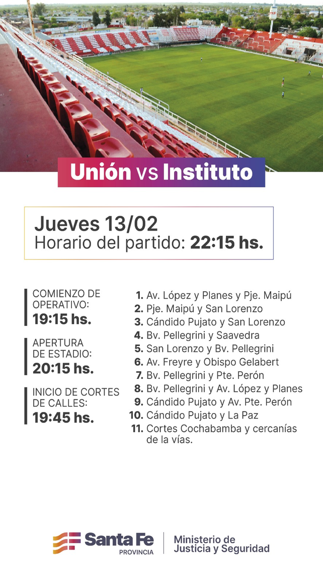 Desvíos de calles por el duelo entre Unión e Instituto.