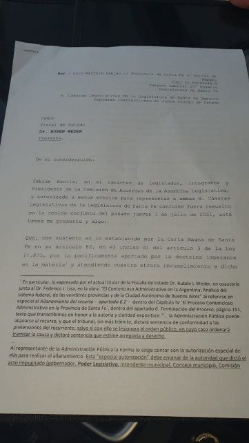El escrito presentado ante Fiscalía de Estado por el presidente de la comisión bicameral de Acuerdos, Fabián Bastía.