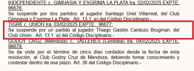 La sanci&oacute;n de Cardozo en Uni&oacute;n.