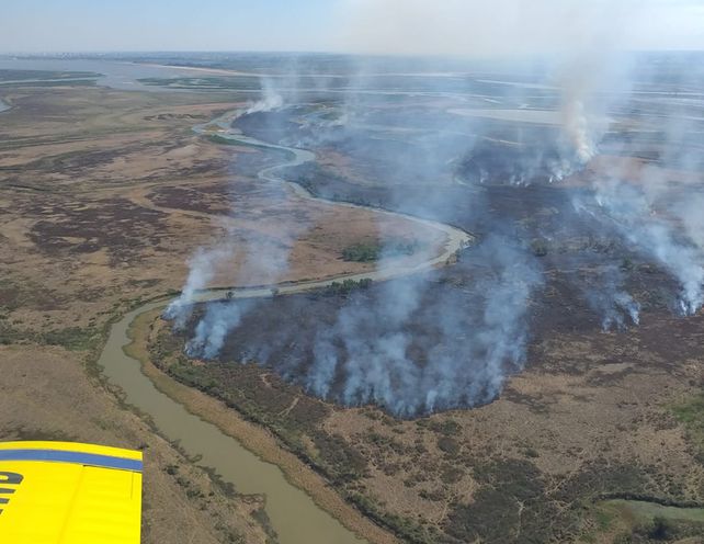 Impactantes im&aacute;genes sobre c&oacute;mo avanzan los incendios en Arroyo Leyes desde un avi&oacute;n hidrante. Fuente: @protcivilstafe