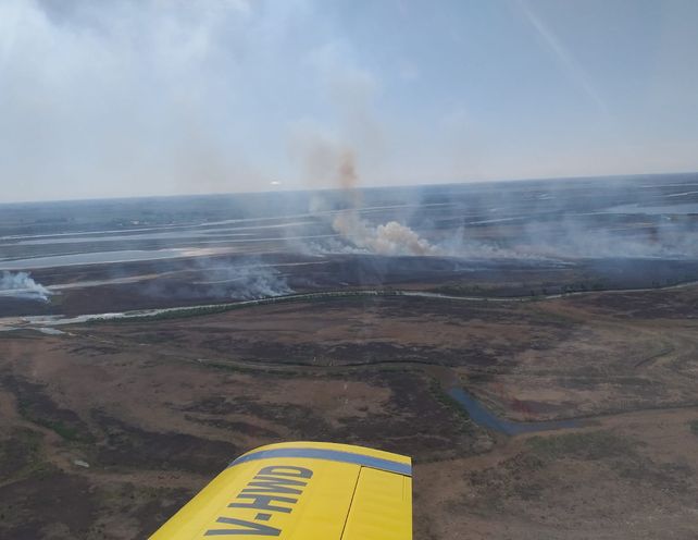 Impactantes im&aacute;genes sobre c&oacute;mo avanzan los incendios en Arroyo Leyes desde un avi&oacute;n hidrante. Fuente: @protcivilstafe