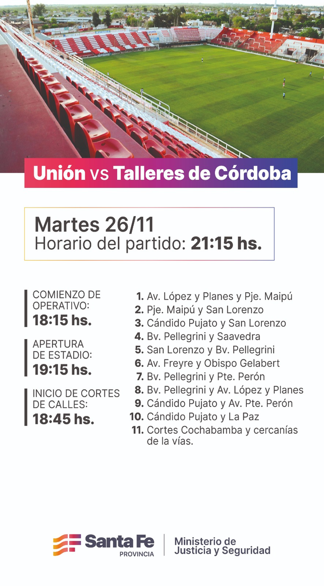Detalles de los c&oacute;rtes de tr&aacute;nsito por el partido Uni&oacute;n-Talleres.