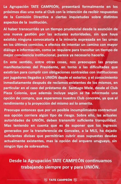El comunicado de Tate Campeón para la CD de Unión. 