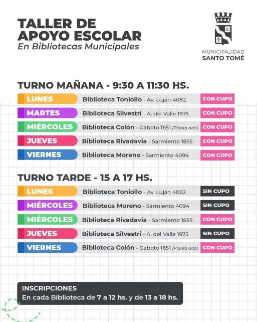 Continúa el taller de apoyo escolar en las Bibliotecas Municipales de Santo Tomé: días, lugares y horarios