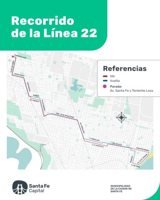 El recorrido (ida y vuelta), de la Línea 22 de colectivo