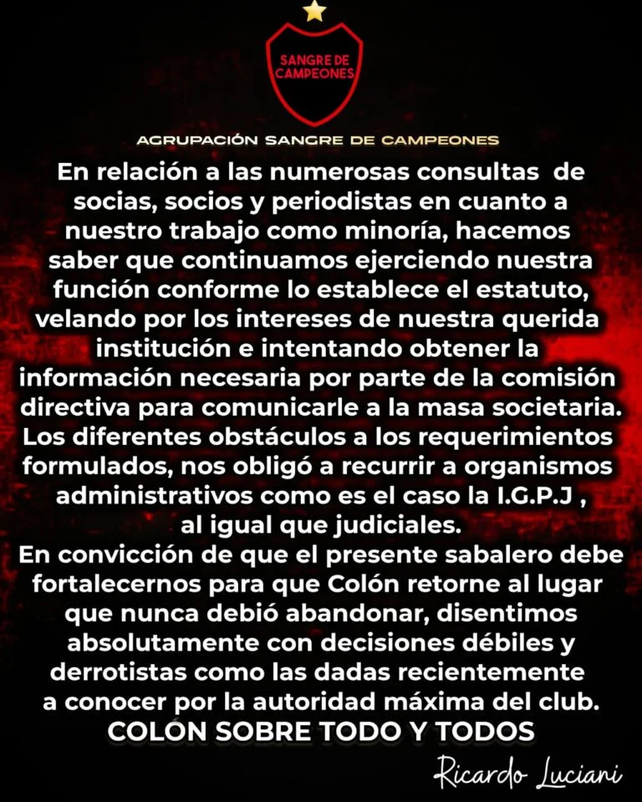 Sangre de Campeones, cr&iacute;tico con la directiva de Col&oacute;n.
