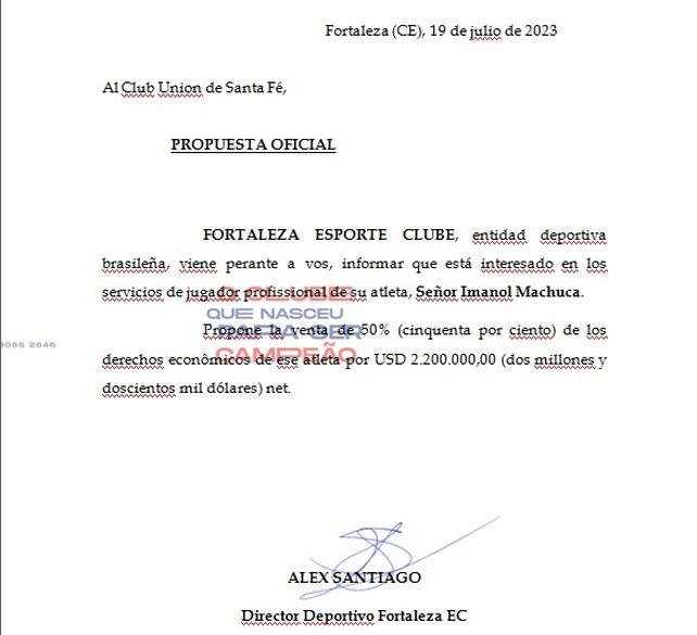 Acá, la oferta real que llegó a Unión de Fortaleza por Imanol Machuca.