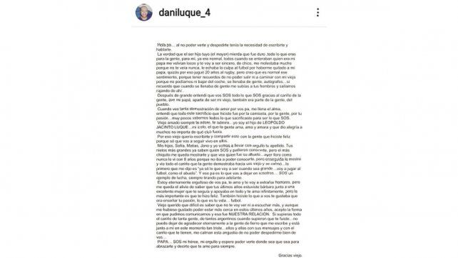 La carta de despedida del hijo de Leopoldo Jacinto Luque, quien muri&oacute; producto del coronavirus