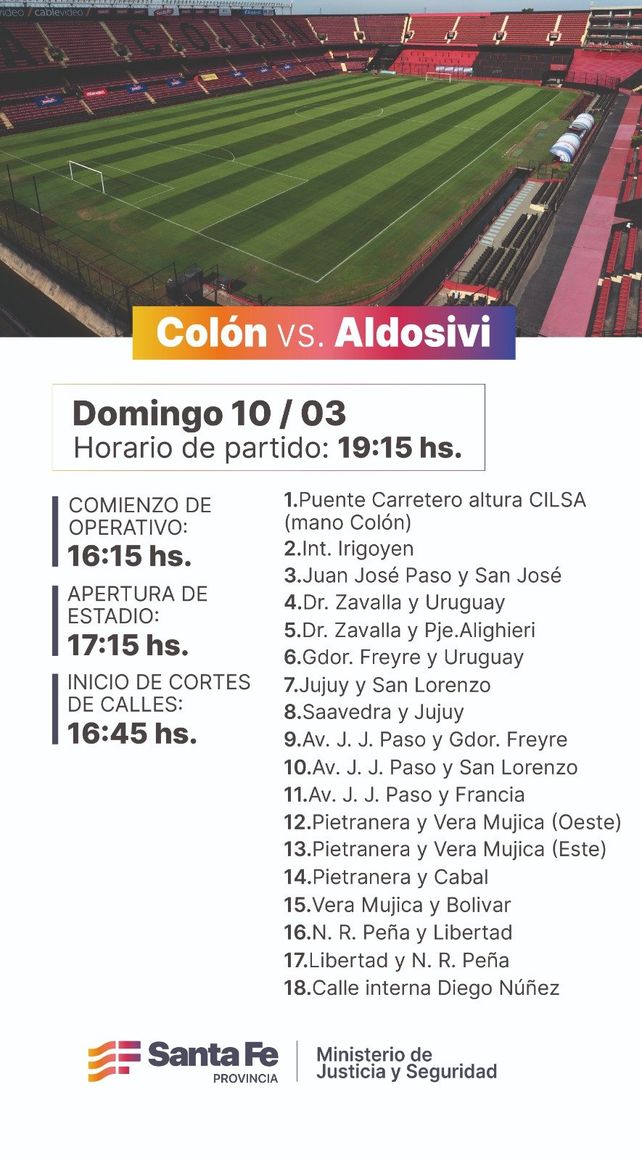 Se conocieron los cortes de tr&aacute;nsito para el partido entre Col&oacute;n y Aldosivi.