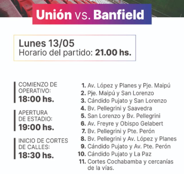 As&iacute; ser&aacute; el operativo de seguridad y los cortes de tr&aacute;nsito para Uni&oacute;n-Banfield.