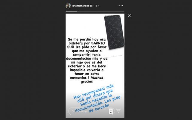 El desesperado pedido de Brian Fernández en Instagram, por el cual hasta ofrece recompensa. 