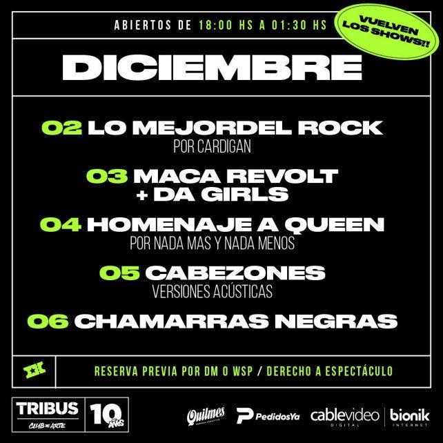 La grilla completa de shows en tribus