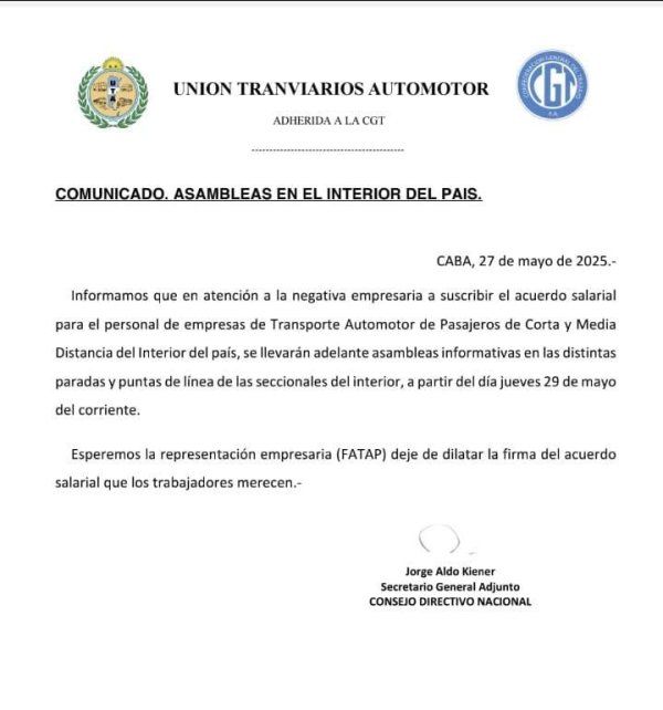 El comunicado dado a conocer por la Unión Tranviarios Automotor (UTA)