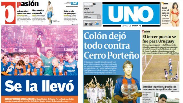 La tapa de Diario UNO del 30 de enero de 2007, con los ecos del triunfo por penales de Cerro Porte&ntilde;o ante Col&oacute;n por la Copa Ciudad de Santa Fe.