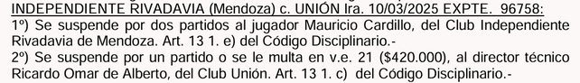 La AFA sancion&oacute; (o multa) al colaborador de Cristian Gonz&aacute;lez en Uni&oacute;n.