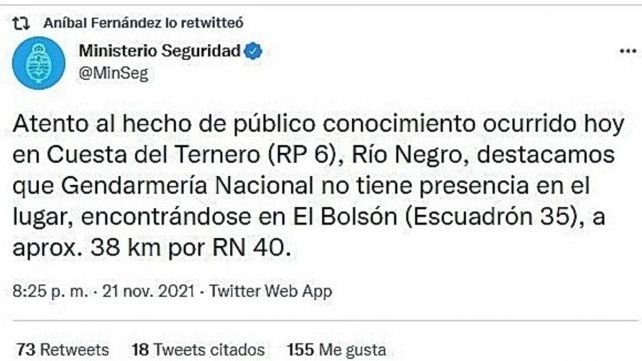 El tuit del Ministerio de Seguridad, retuiteado por An&iacute;bal Fern&aacute;ndez, respecto a la situaci&oacute;n en la Ruta 40.&nbsp;