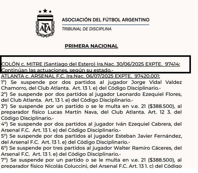 LA AFA aún no dio el fallo del partido Colón-Mitre.