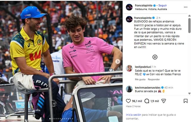 La publicaci&oacute;n de Franco Colapinto tras su debut en la temporada 2026 de la F&oacute;rmula 1 en Australia.