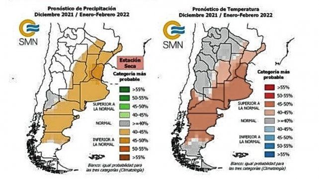 Pronóstico Climático Trimestral (PCT) que muestra la tendencia de temperatura media y precipitación esperada para el verano en Argentina. 