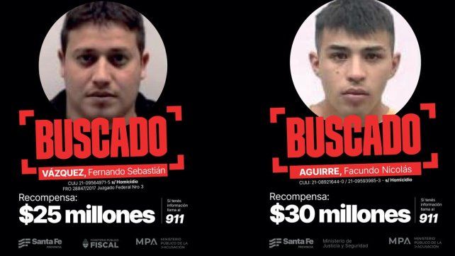 Fernando Sebastián Vásquez, recompensa de 25 millones de pesos y Facundo Nicolas Aguirre, $30 millones.