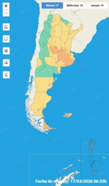 El mapa de alerta vigentes según informa el Servicio Meteorológica Nacional
