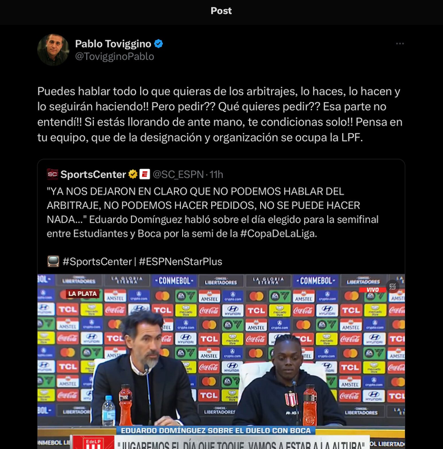 Pablo Toviggino, aprovechando su poder como miembro de AFA, le sali&oacute; al cruce al DT de Estudiantes, Eduardo Dom&iacute;nguez.