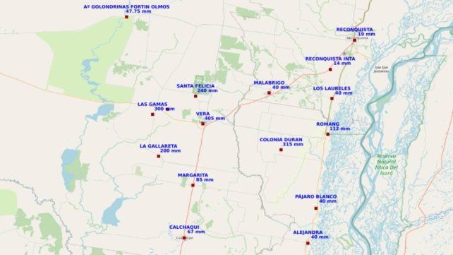 Mapa de precipitaciones del 27 de mayo, de la Secretaría de Recursos Hídricos del Gobierno de Santa Fe.