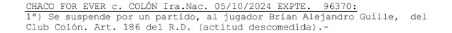 La AFA sanci&oacute; solo por un partido a Braian Guille en Col&oacute;n.