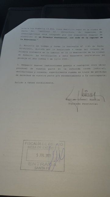 El escrito presentado ante Fiscalía de Estado por el presidente de la comisión bicameral de Acuerdos, Fabián Bastía.