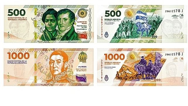 Billete de $500 con Mar&iacute;a Remedios del Valle y Manuel Belgrano, billete de $1.000 con Jos&eacute; de San Mart&iacute;n.
