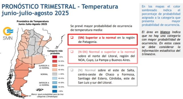 Pron&oacute;stico de temperaturas para el trimestre junio-julio-agosto. (SMN) &nbsp;
