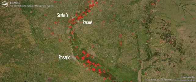 Mapa de la Nasa mostrando los focos de incendio activos en los humedales santafesinos durante julio de 2020.