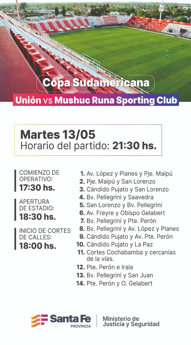 Detalles del operativo por el partido en Santa Fe entre Uni&oacute;n y Mushuc Runa.