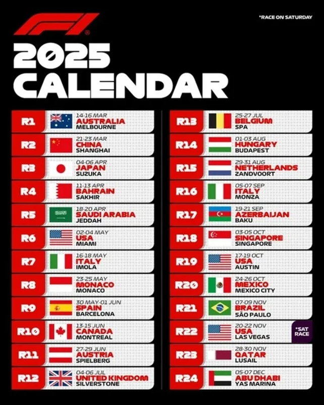 Ya está el calendario 2025 de la Fórmula 1.