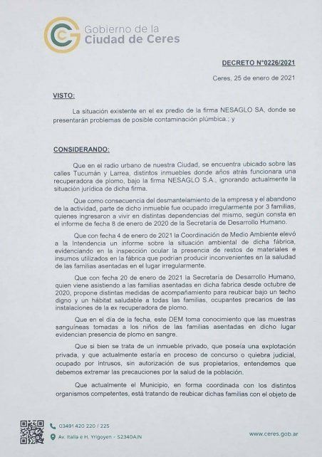 El decreto a través del cual Alejandra Dupouy, dispuso que el lugar se declara inhabitable. 