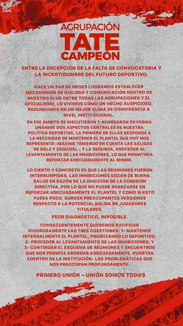 El nuevo comunicado de Tate Campeón por el presente de Unión.